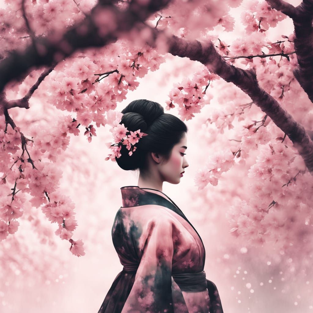 Geisha Under Vibrant Sakura Blossoms in Soft Focus