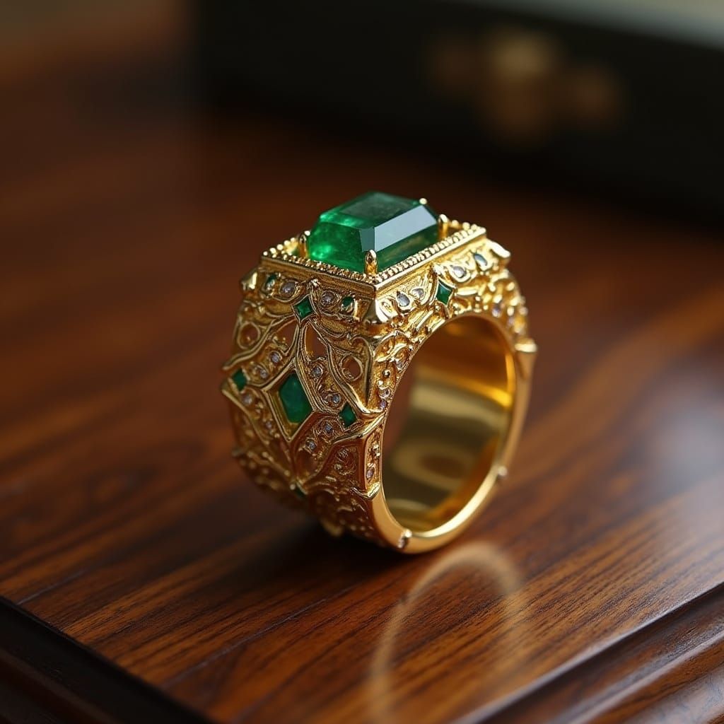 Ornate Mens Gold Ring with Emeralds on Countertop