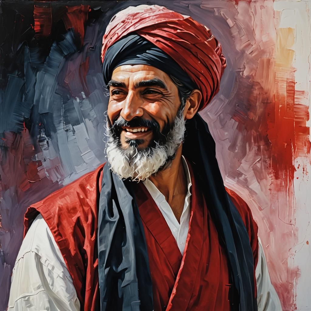 Smiling Man in Red Robe: An Impasto Oil Painting