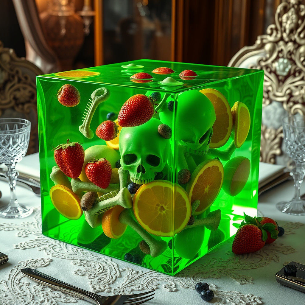 Emerald Jello Aspic Mimic Monster on Dining Table
