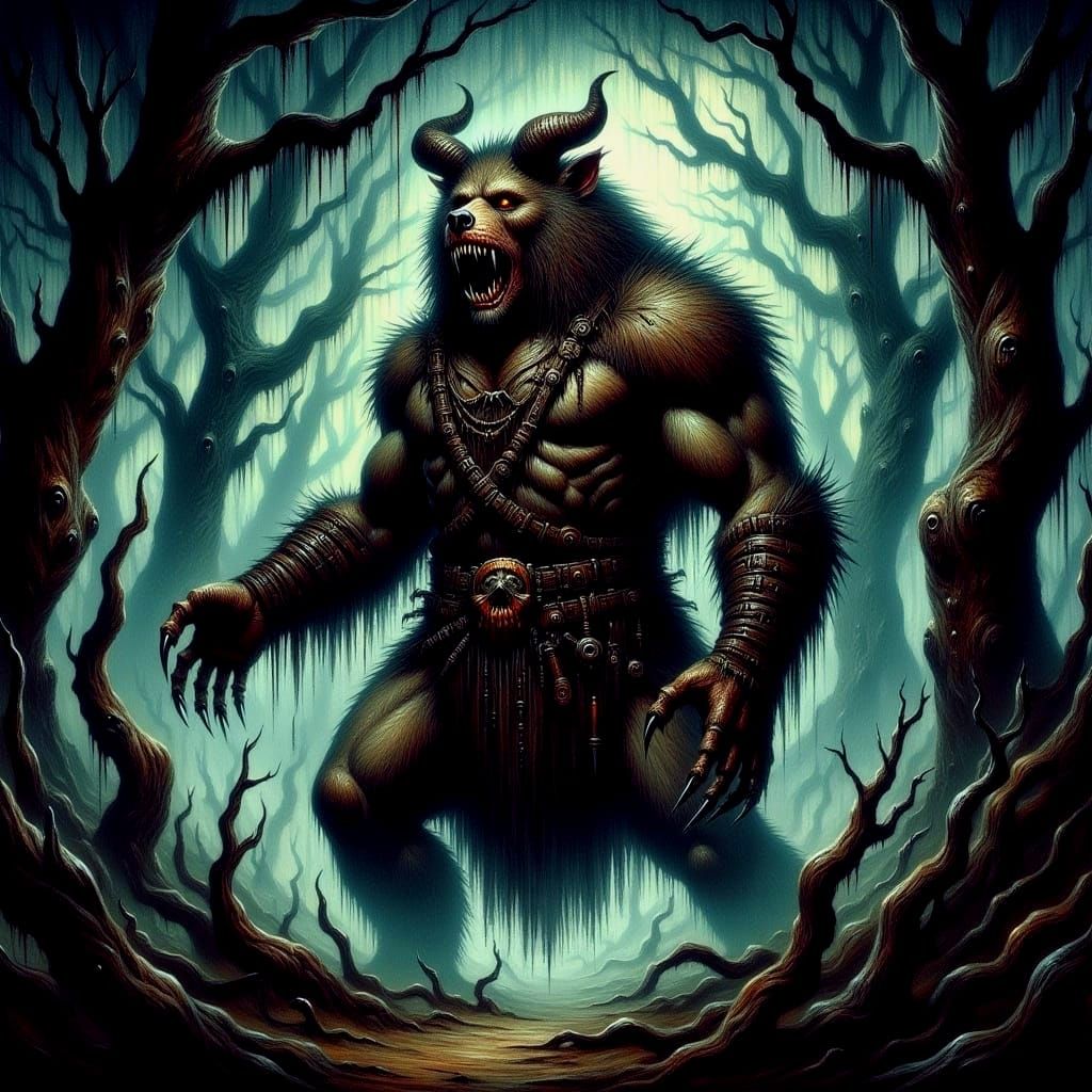 Horns Adorn a Feral Werebear Barbarian