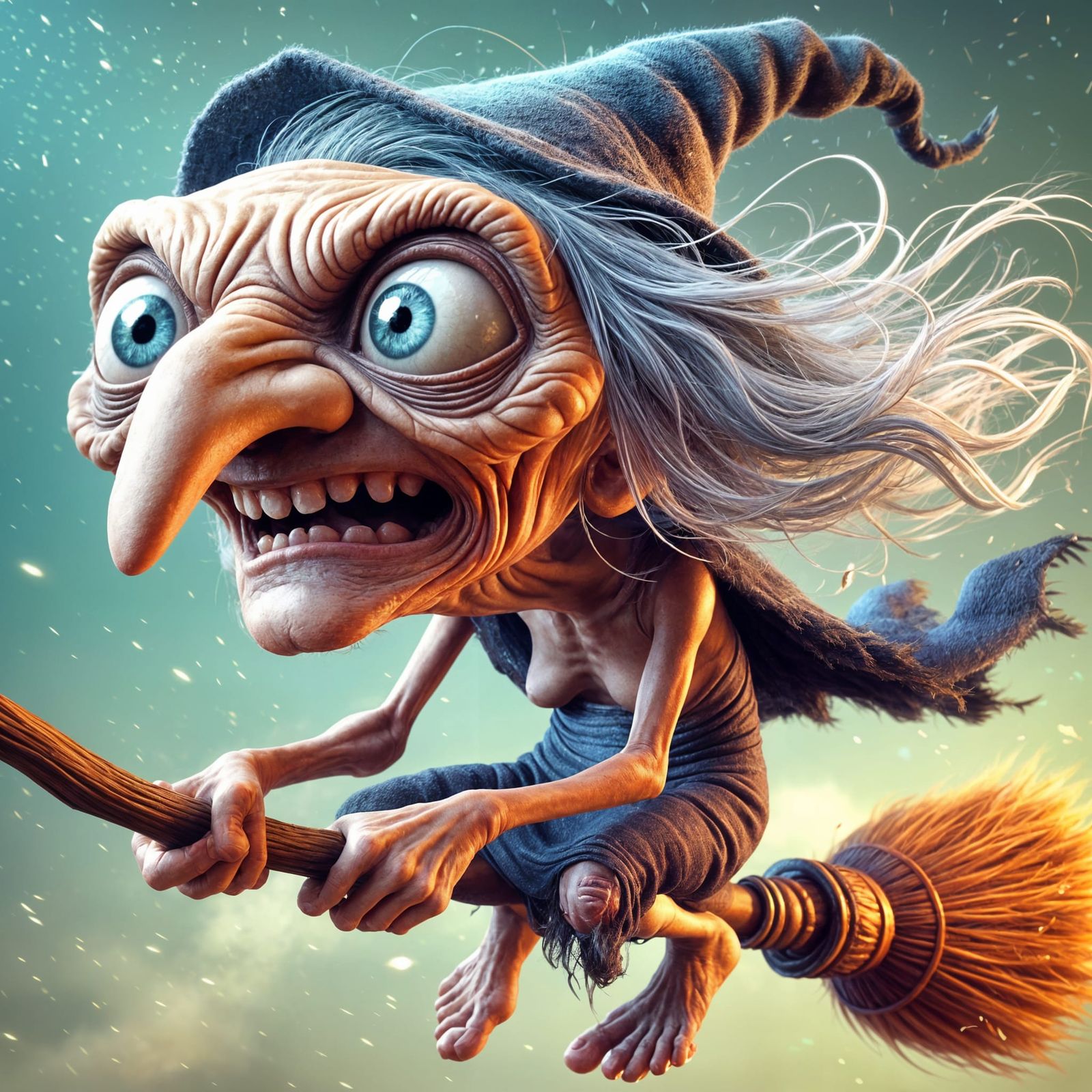 Surreal CGI Witch soars on a Broomstick in a Futuristic Land...