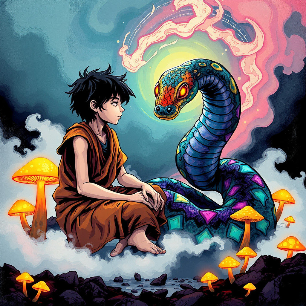 Mowgli and Hypnotic Snake in Manga Style