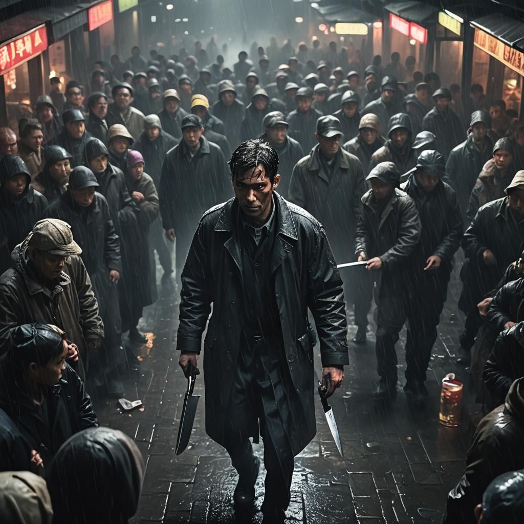 Moody Film Noir Killer in Crowded Market