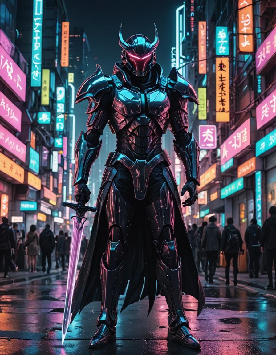 Hongtae Warrior in Neon City, Sci-Fi Illustration