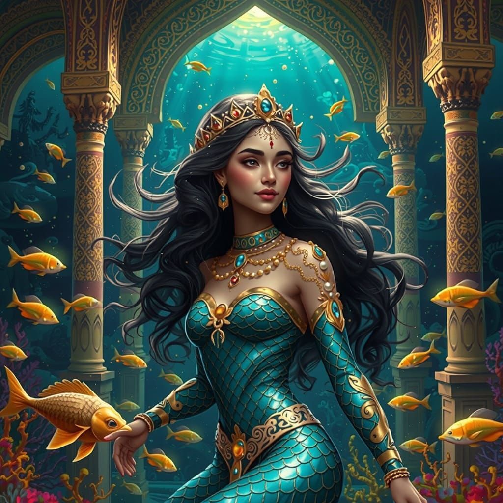 Persian Mermaid Queen with Amber Eyes and Iridescent Tail
