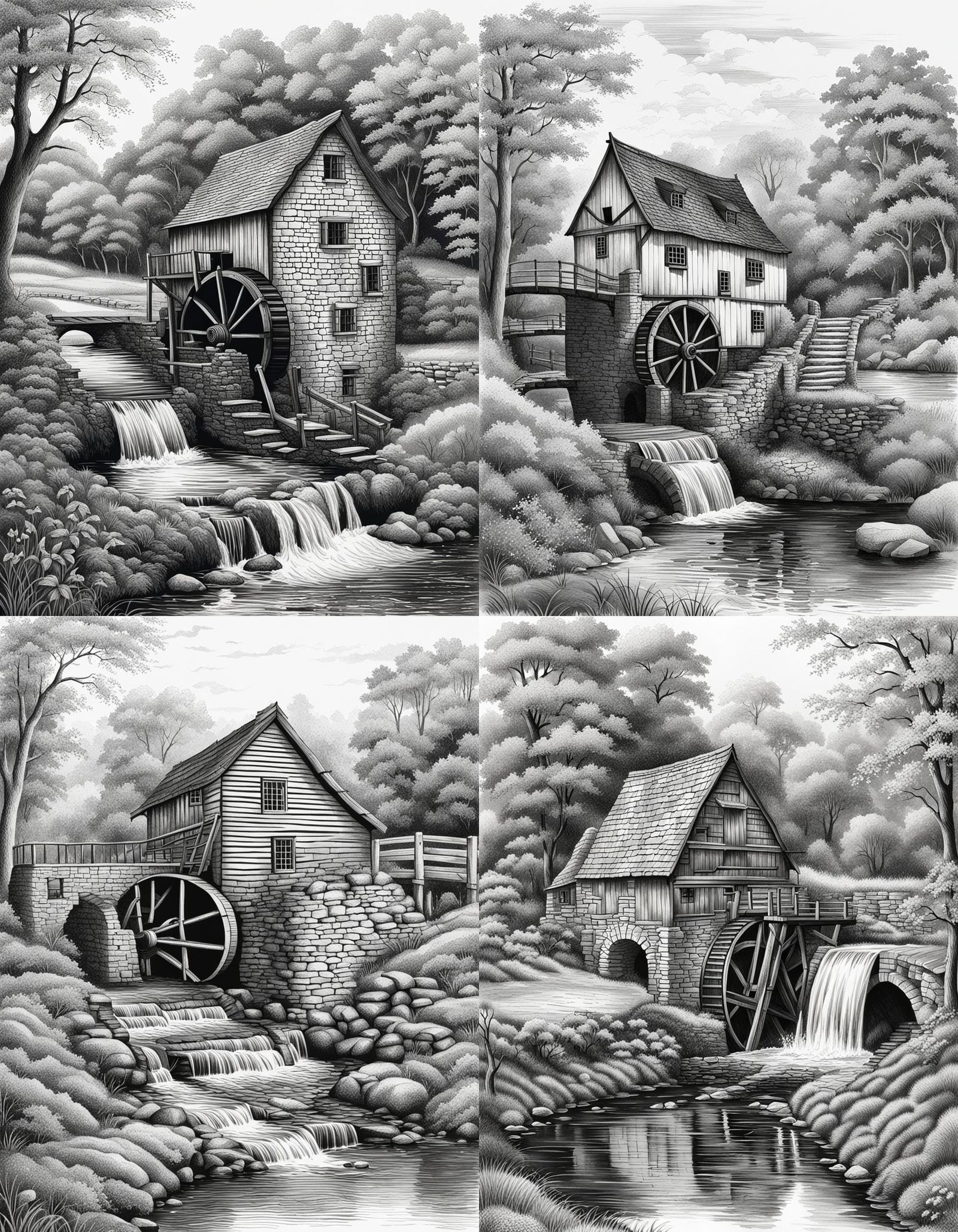 Black and White Watermill Drawing with Stream