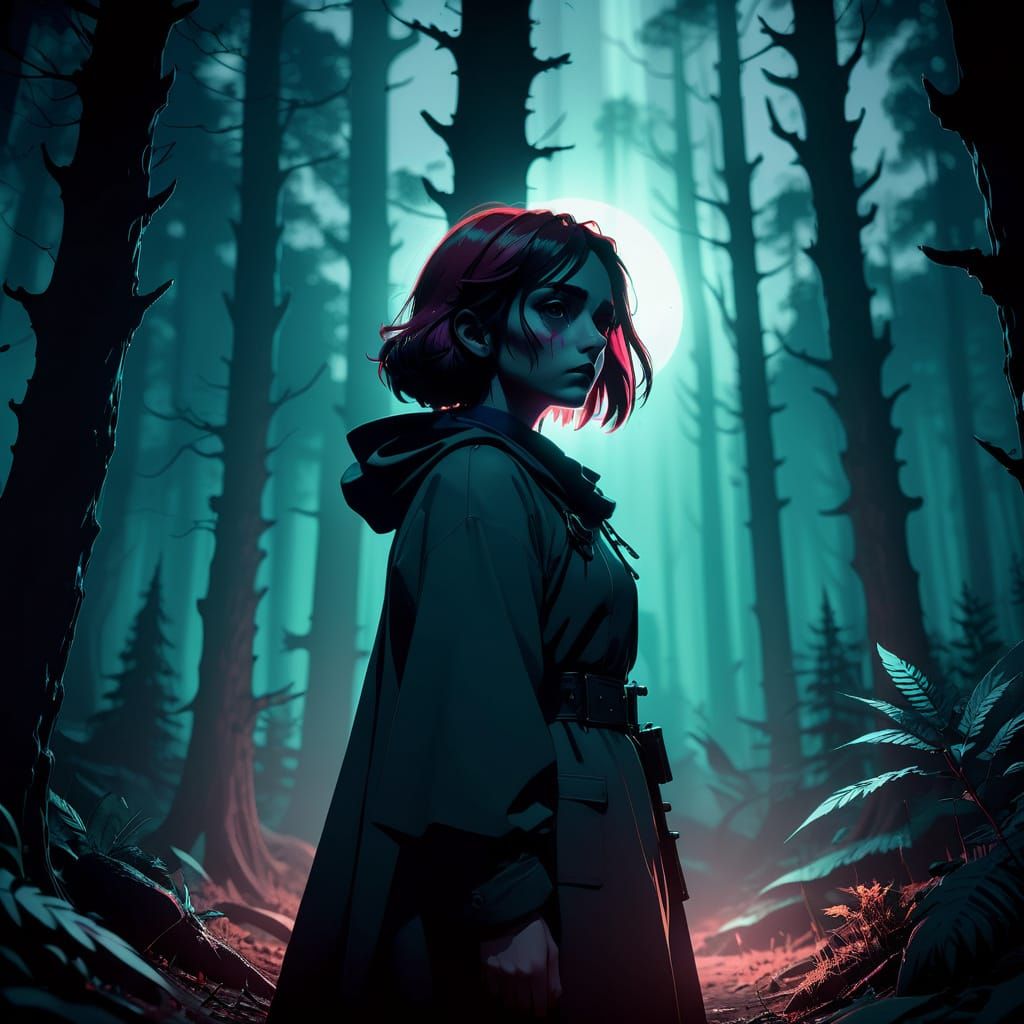 Young Woman Dominates Eerie Forest in Cinematic Darkness