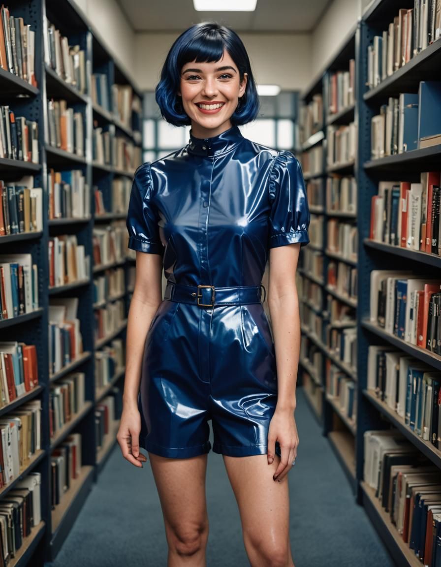 Playful Librarian in PVC Playsuit Portrait