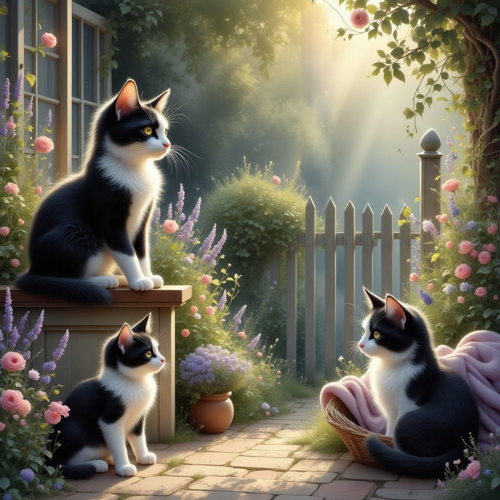 Charming Cottage Garden with Three Black and White Cats