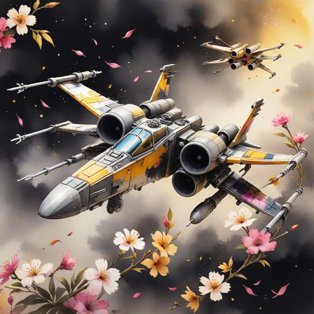 X-Wing Fighter Surrounded by Flowers in Ink Painting