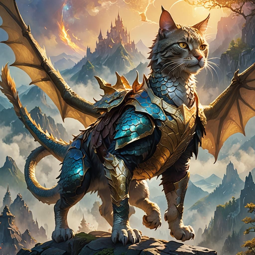 Cat Riding Dragon in Misty Fantasy Landscape