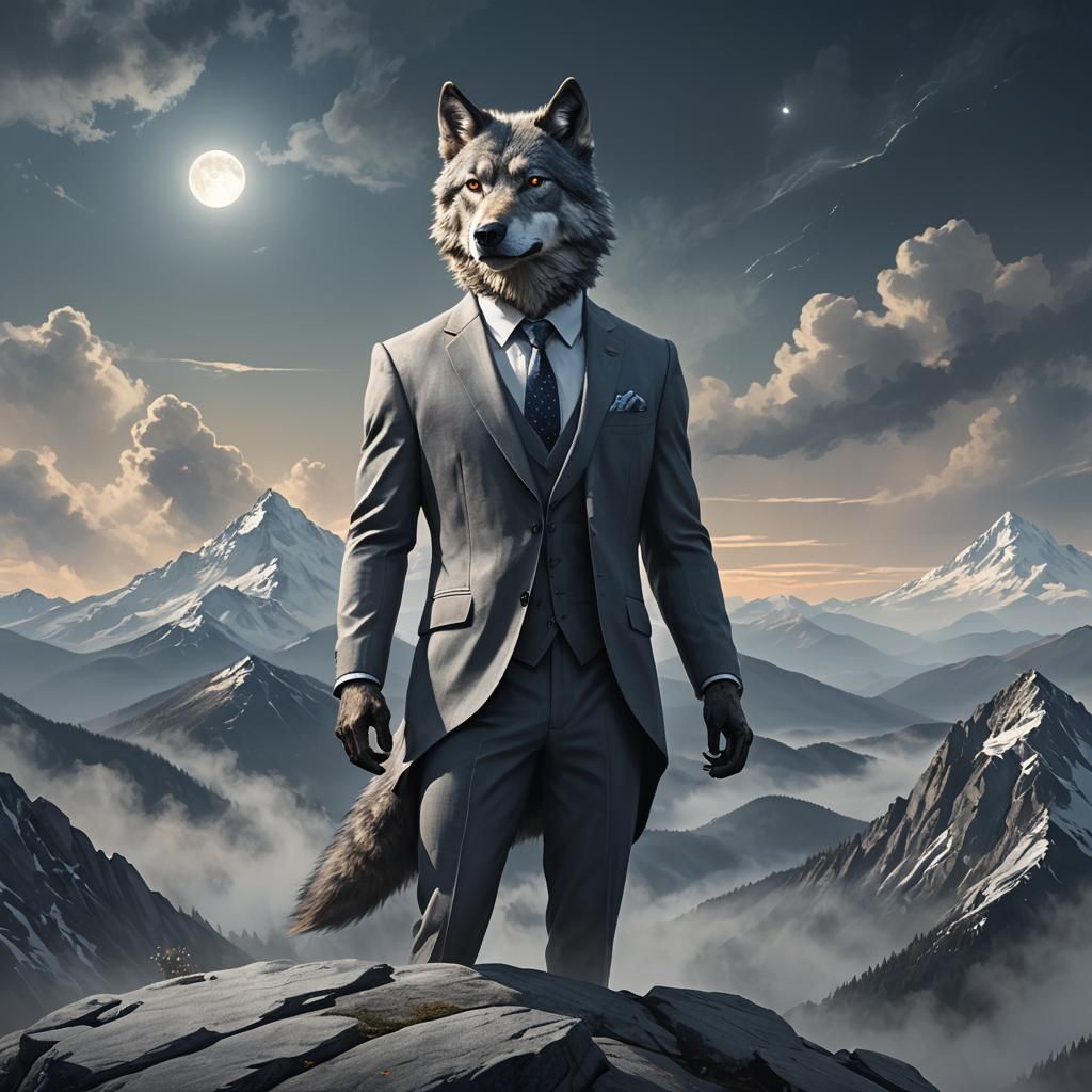 Business Wolf on Misty Peak: Fantasy Art