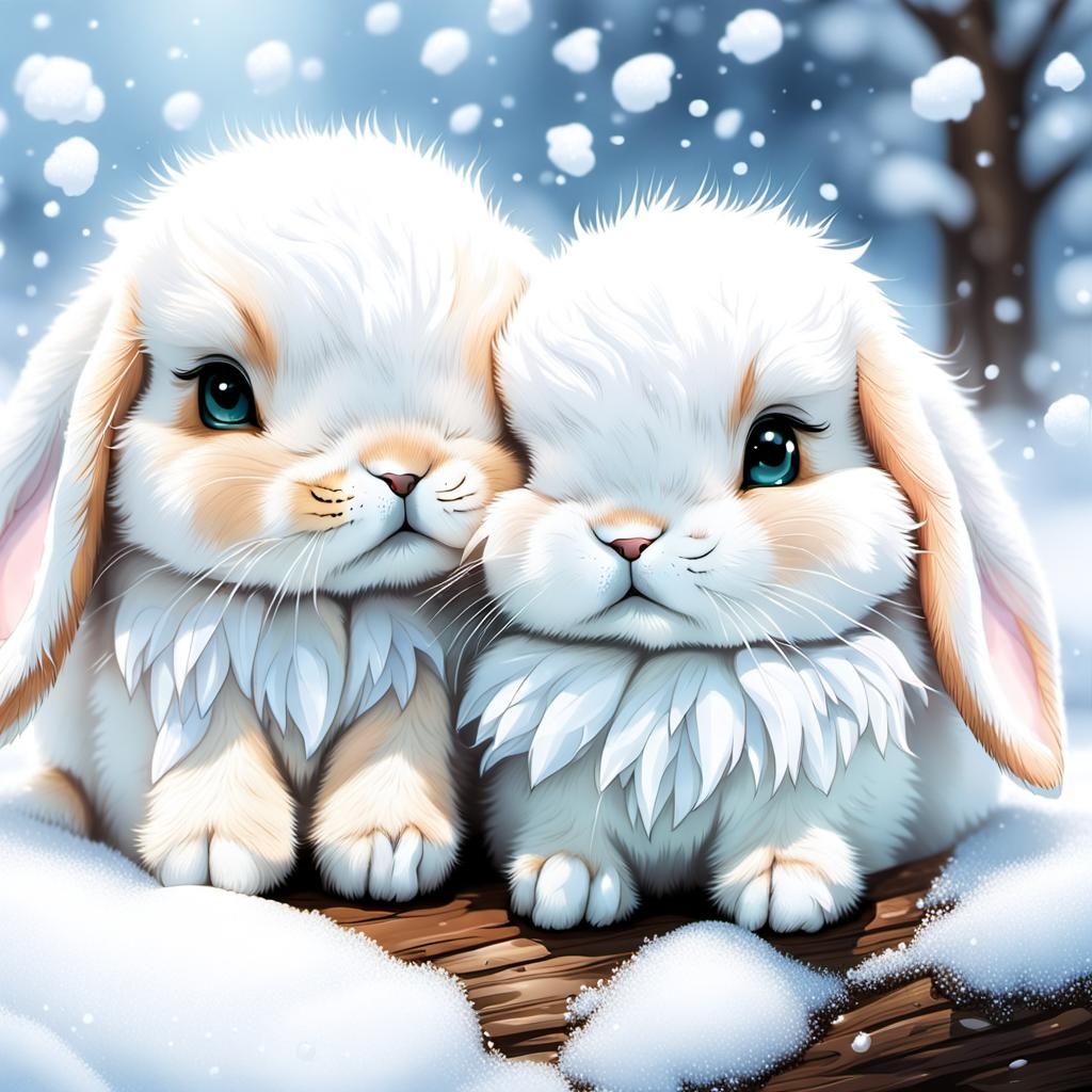 Chibi Baby Rabbits Sleeping in Snow