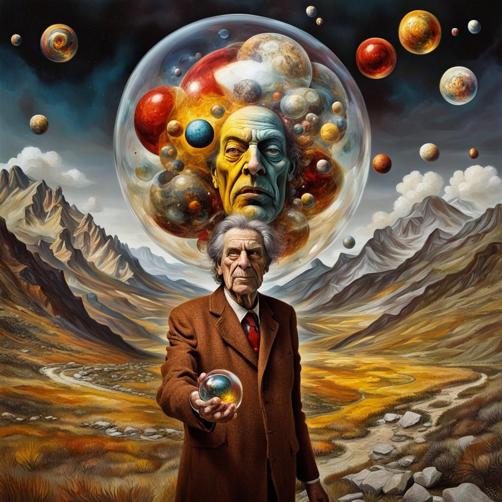 Cosmic Characters Holding Cosmos Bubble as Oil Painting