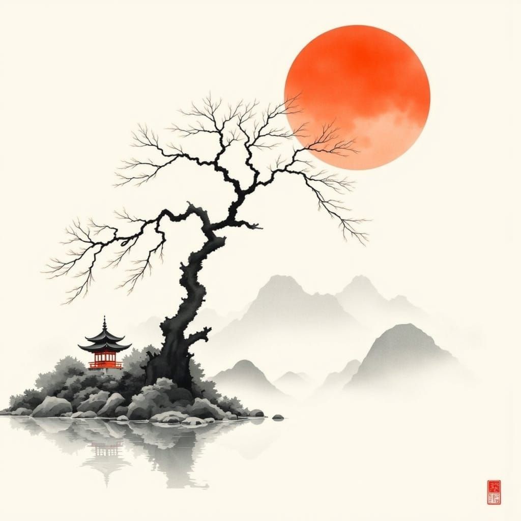 Serene Japanese Landscape in Vintage East Asian Ink Wash Sty...