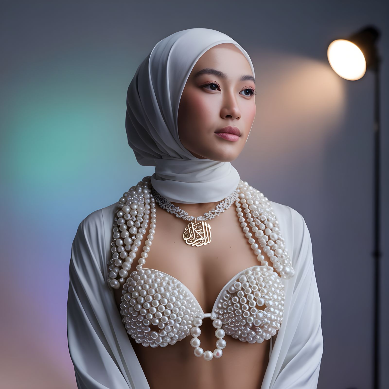 Elegant Asian Woman in Pearl Bikini and Hijab