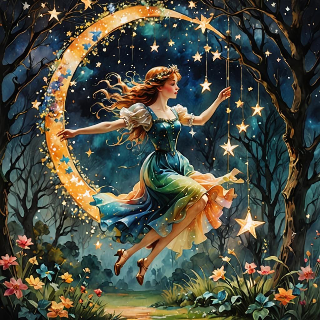 Edwardian Woman in Whimsical Garden, Watercolor Style