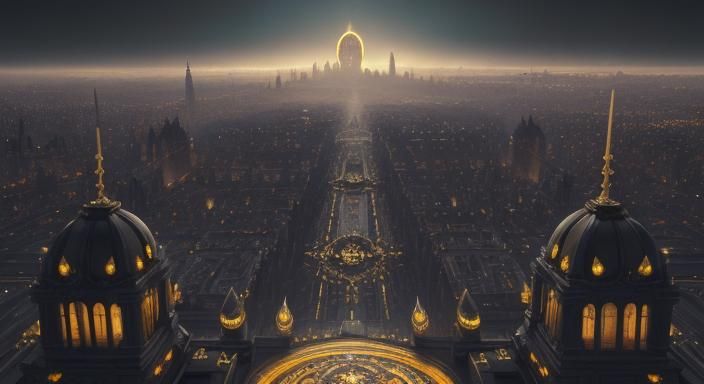 Majestic Alien Metropolis with Golden Windows