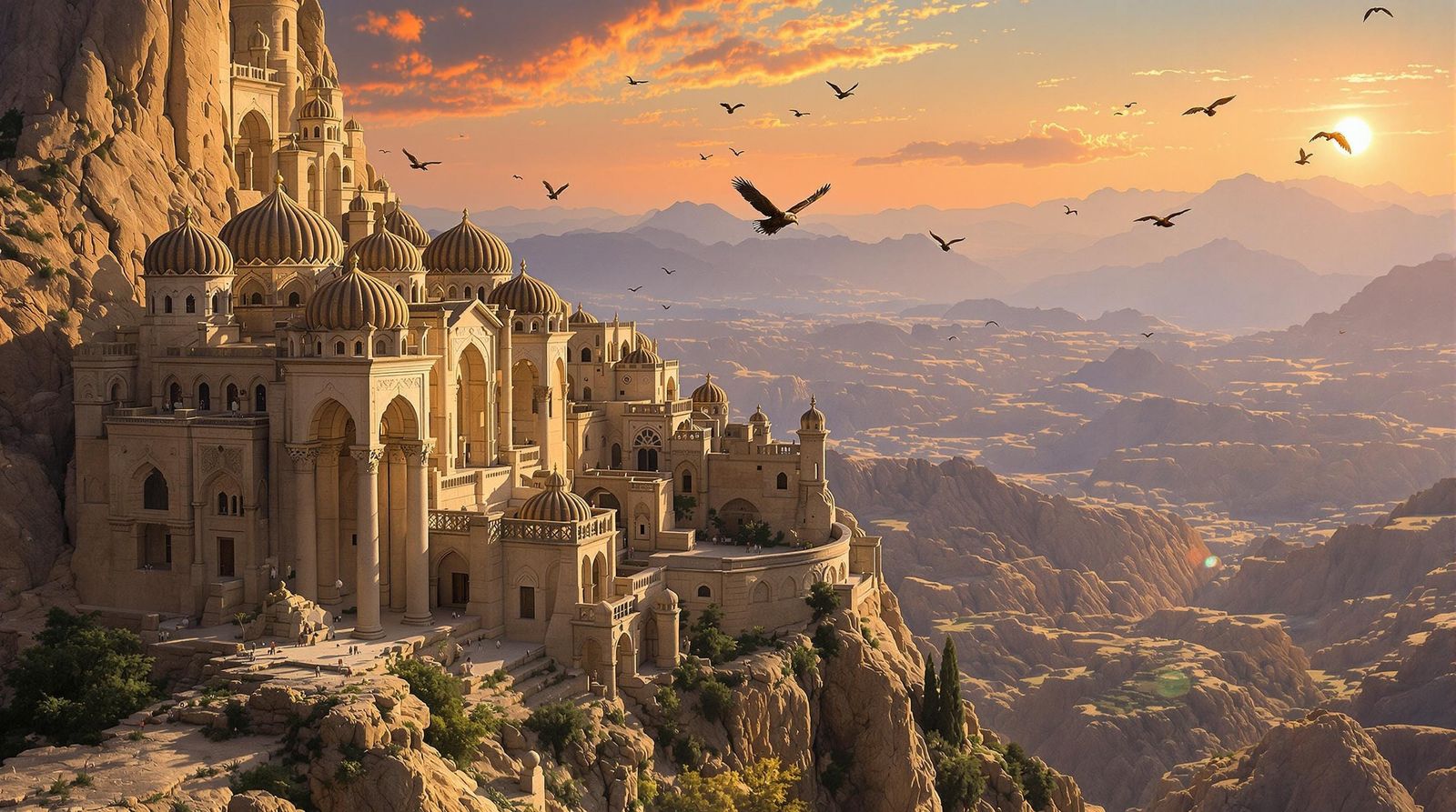 Mountain Monastery at Sunset in Romantic Style