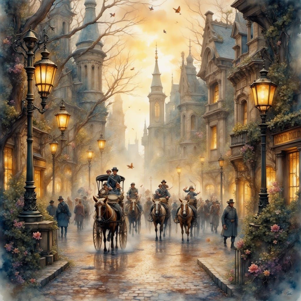 Victorian Street Scene in Ethereal Watercolor Style