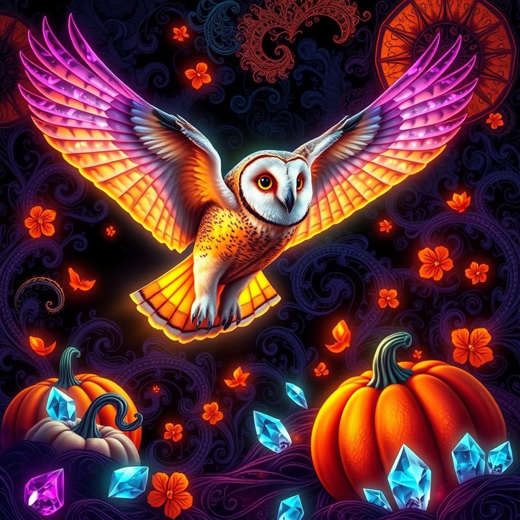 Neon Barn Owl in Flight with Halloween Elements