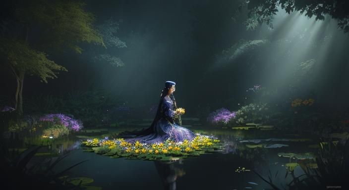 Midnight Garden: Surrealist Painting with Chiaroscuro Lighti...