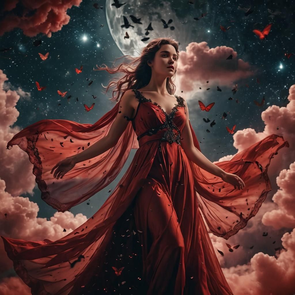Goddess in Red with Moths, Cinematic Still