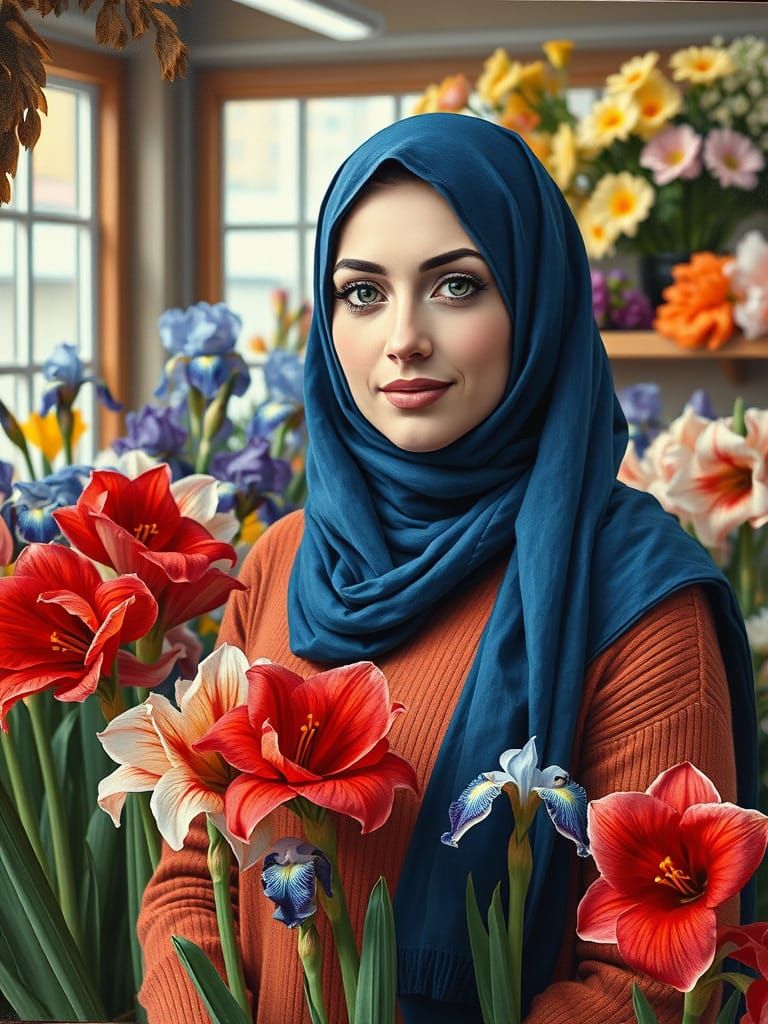 A Swedish Florist in Traditional Hijab, Captured in Oil Pain...