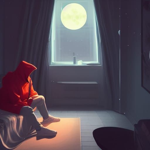 Man Gazing at Moon in Hyperdetailed Lighting