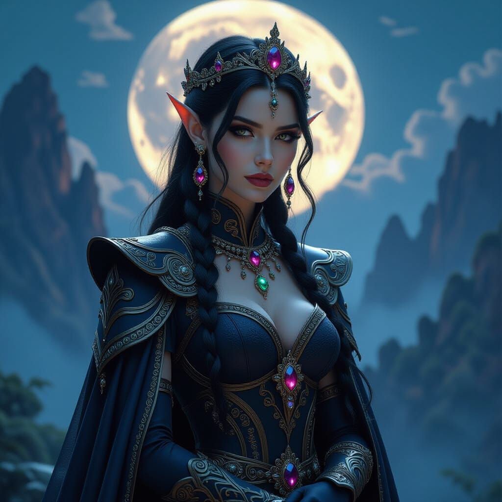 Gothic Elf Princess in Moonlit Fantasy Landscape