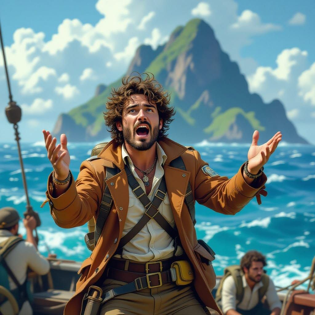 Explorer in Trendy Outfit Shouts Orders to Crew Near Giant I...