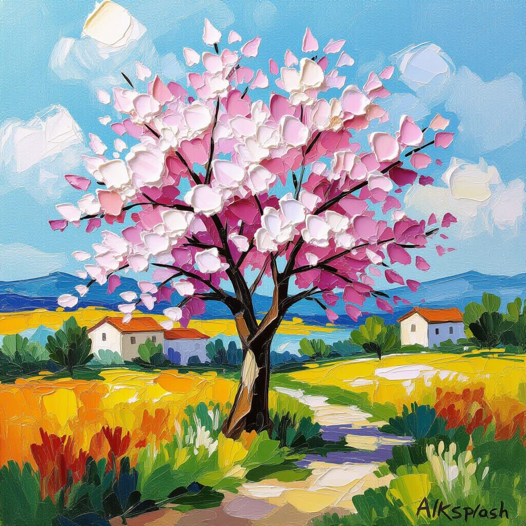 Almond Tree in Bloom: Impasto Oil Painting