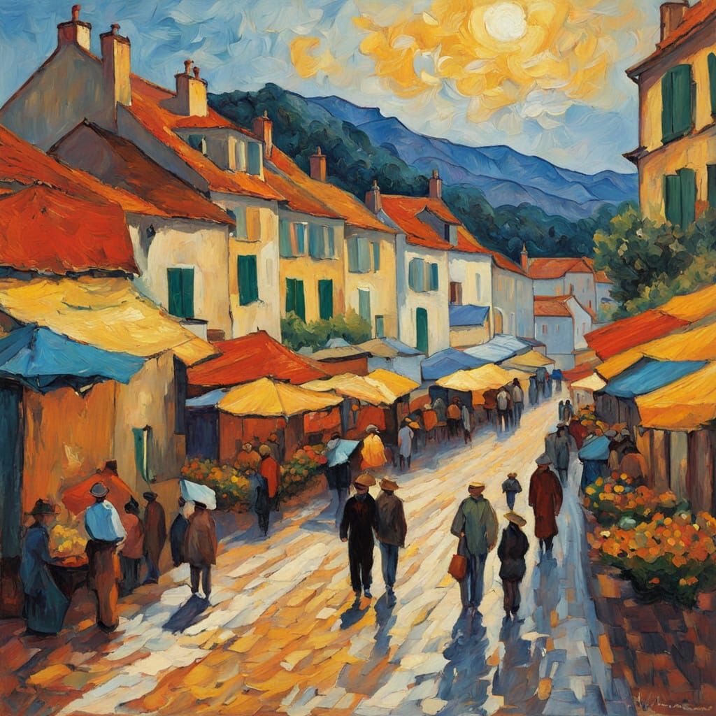 Vibrant Market Scene in Cannes, France, in Neo-Impressionist...