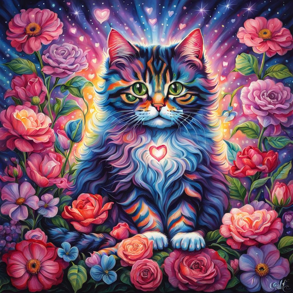 Psychedelic Cat Portrait with Flowers and Lights