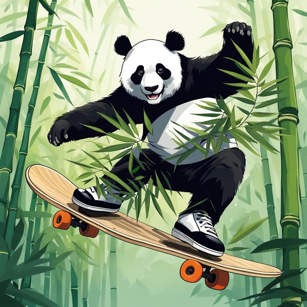 A panda bear performing a stylish  skateboard powerslide, le...