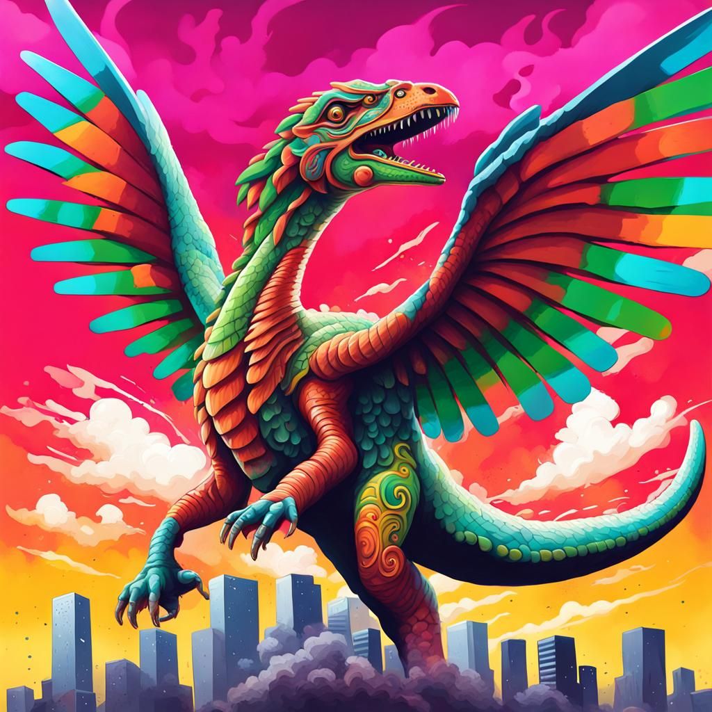 Flying Quetzalcoatl Dinosaur in Graffiti Art Style