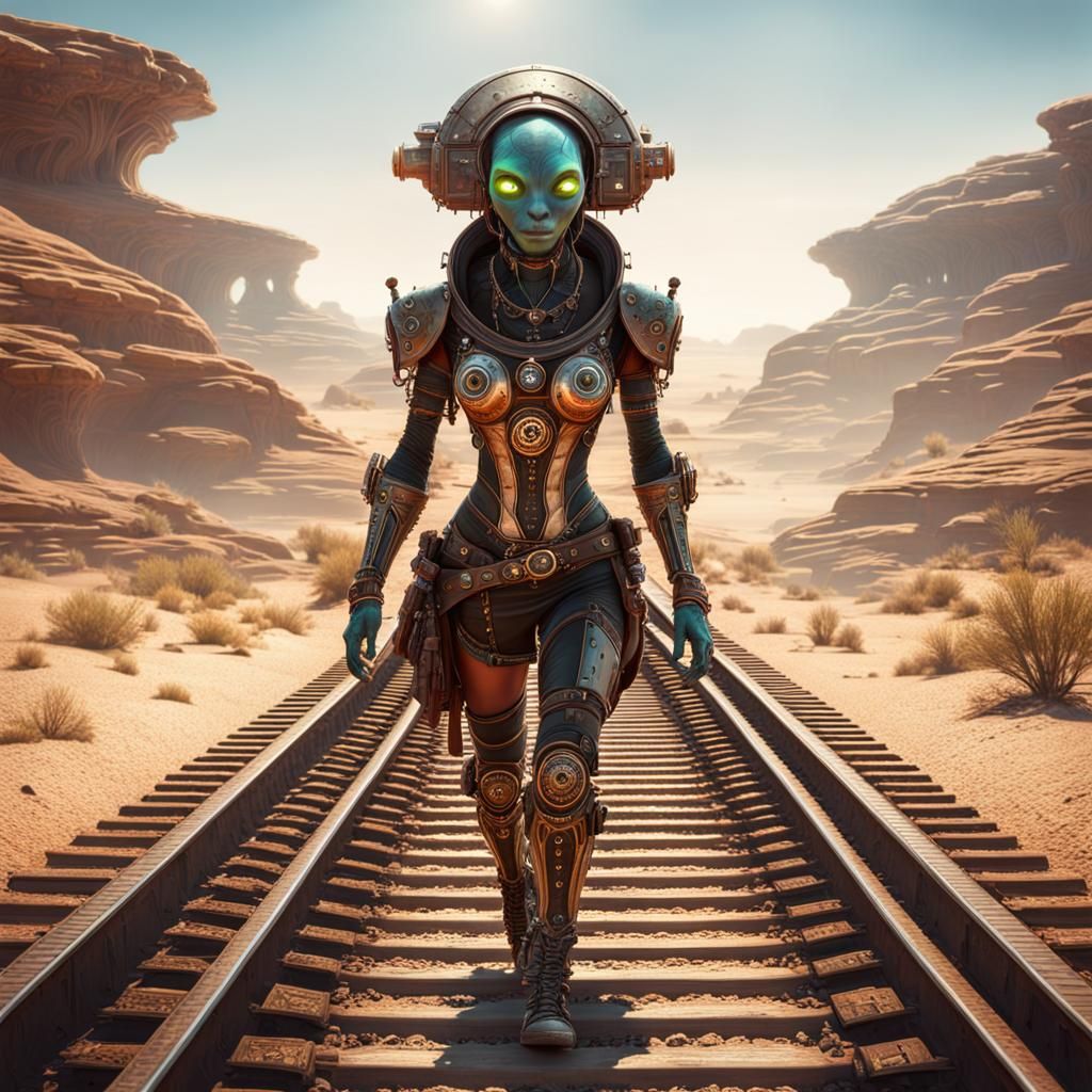 Steampunk Alien Nomad on Desert Train Tracks