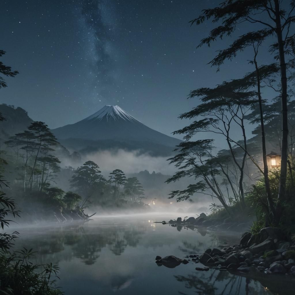 Samurai at River's Edge with Fuji: Hyperrealistic 3D Render