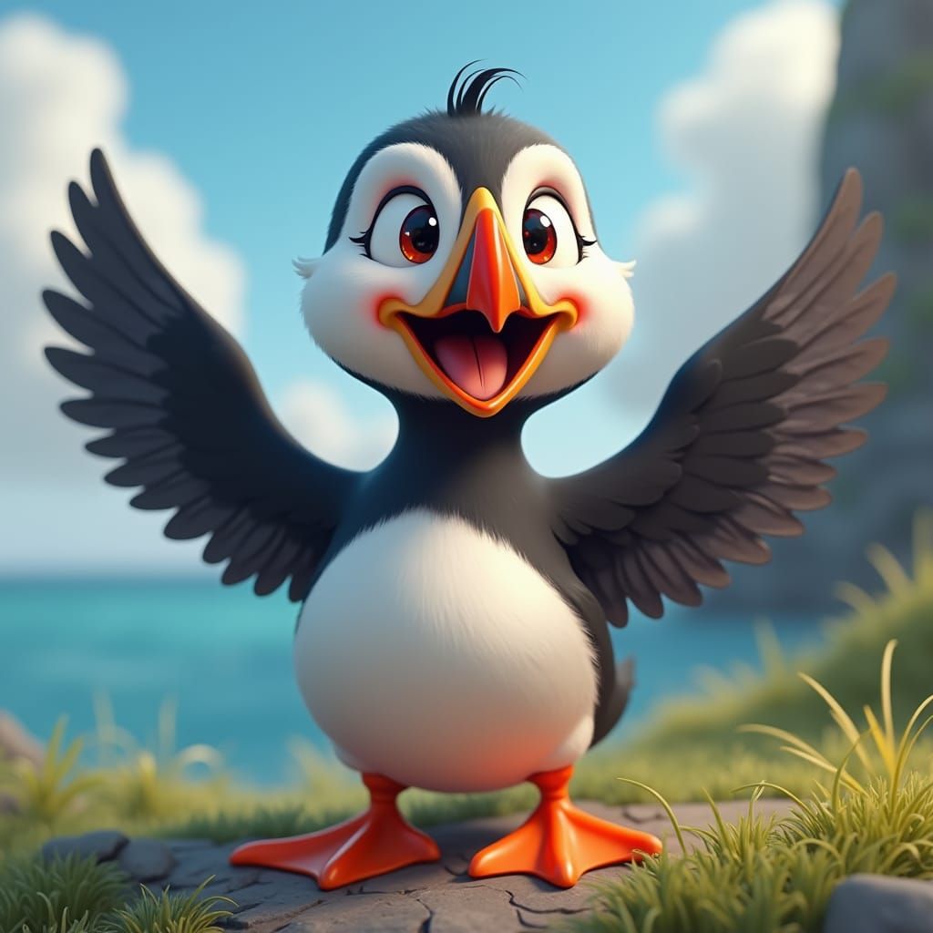 Adorable Puffin in a Fantastical Matte Painting
