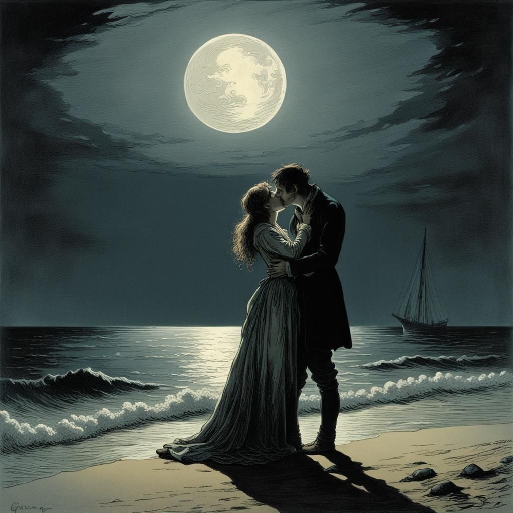 Romantic Kiss by the Sea in Dark Horror Style