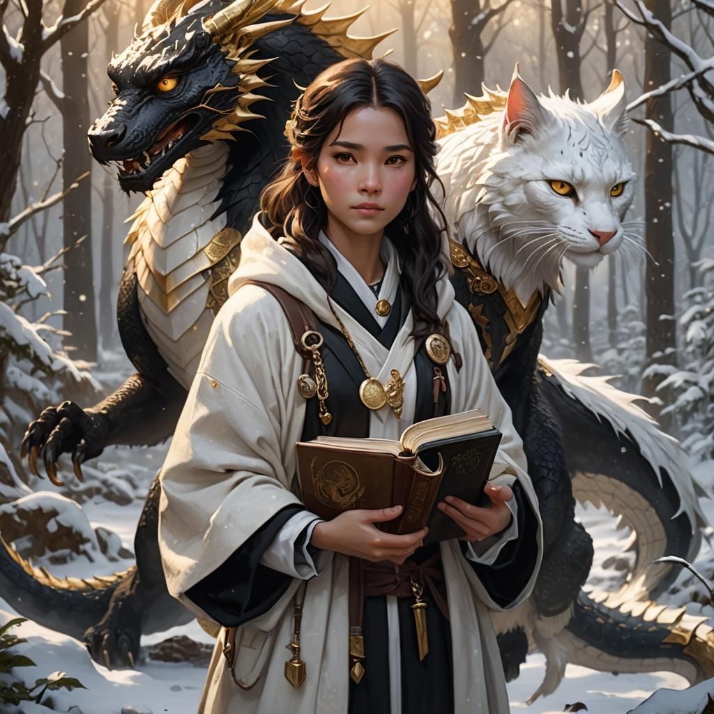 Girl with Dragon in Snowy Forest: Fantasy Art