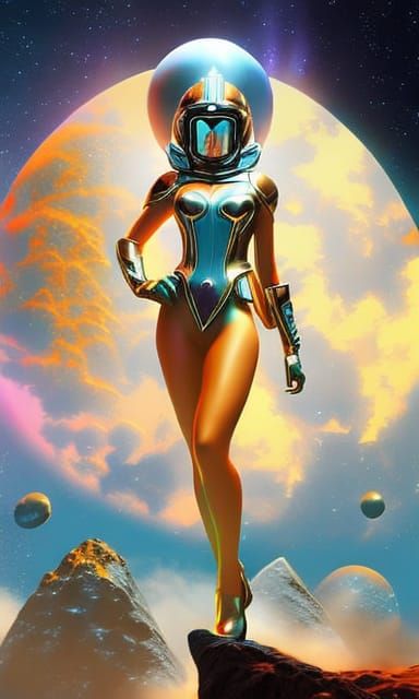 Retro Sci-Fi Space Princess in Holographic Illustration