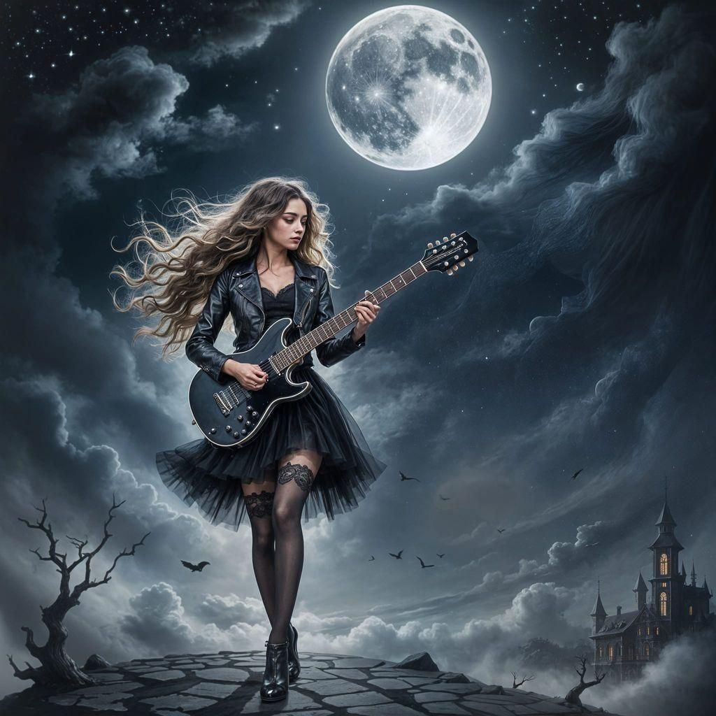 Woman Playing Guitar Under Moonlight, Fantasy Magical Realis...