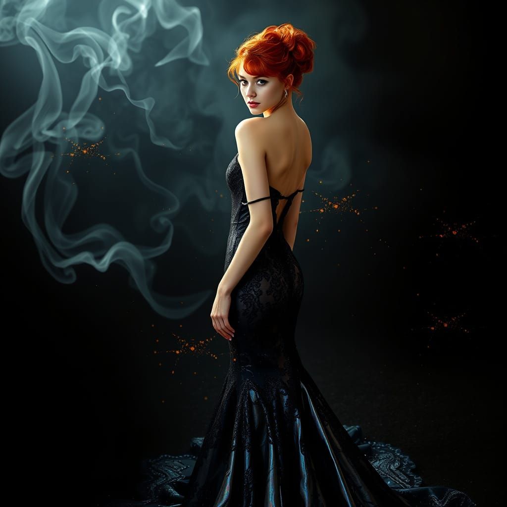 Mysterious Woman in Iridescent Gown Gazing Directly at the V...