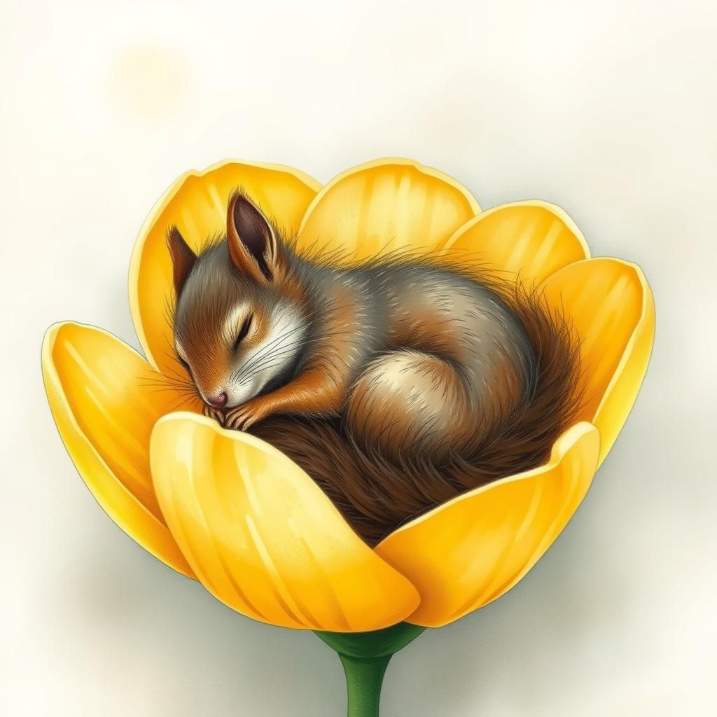 Squirrel Sleeping in Buttercup, Dreamy Fairytale Illustratio...