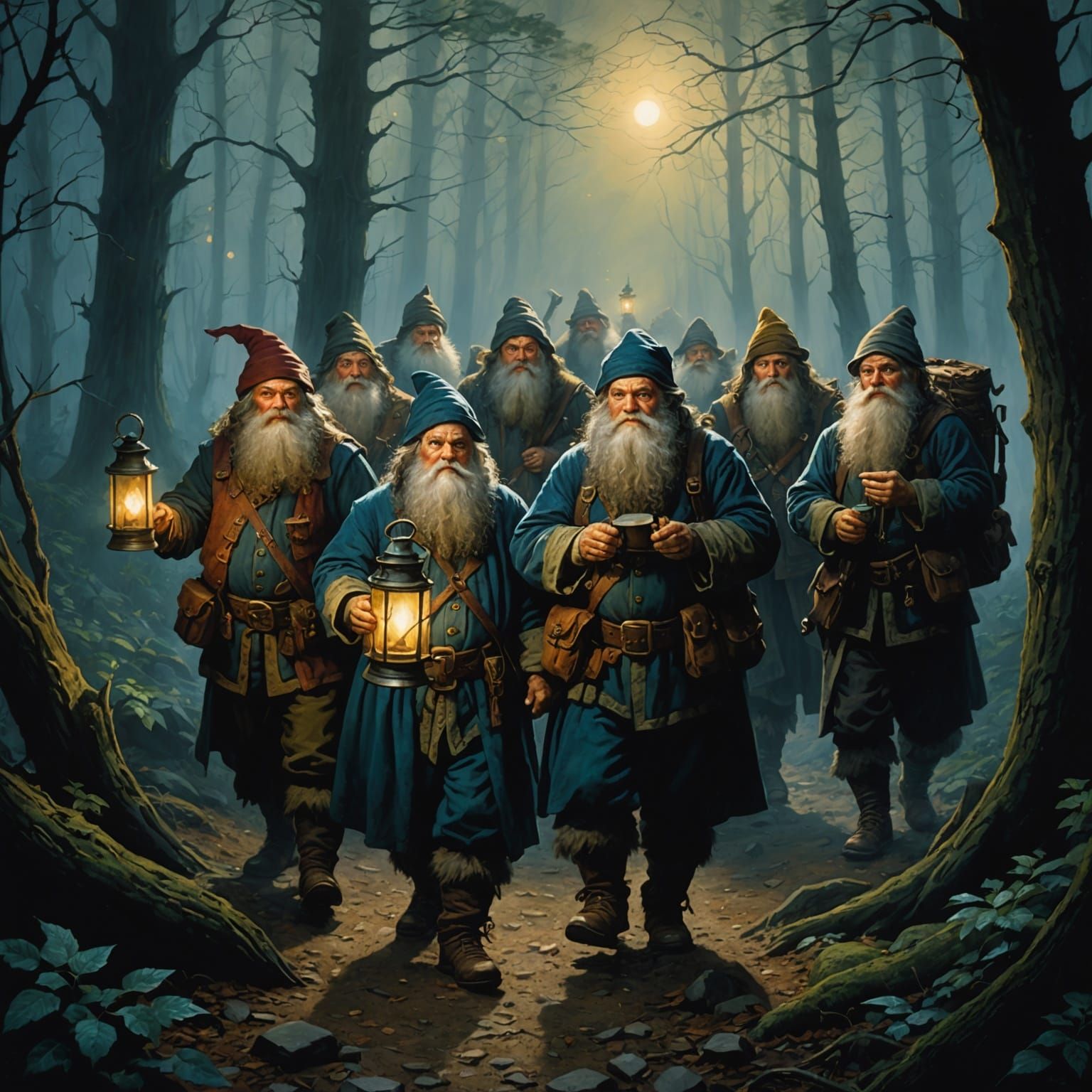 a group of dwarves, one dwarf holding one lantern. walking t...