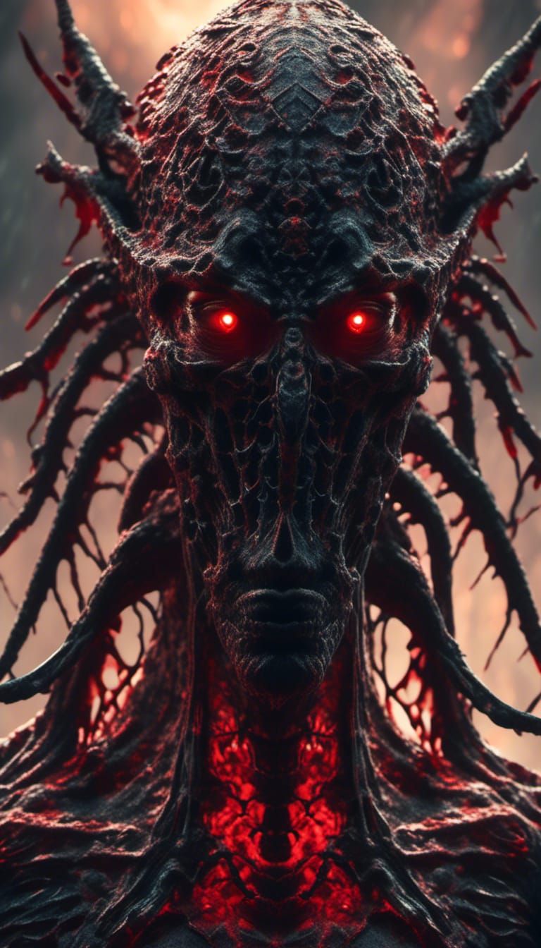 Lovecraftian Demon with Red Eyes in Hellscape