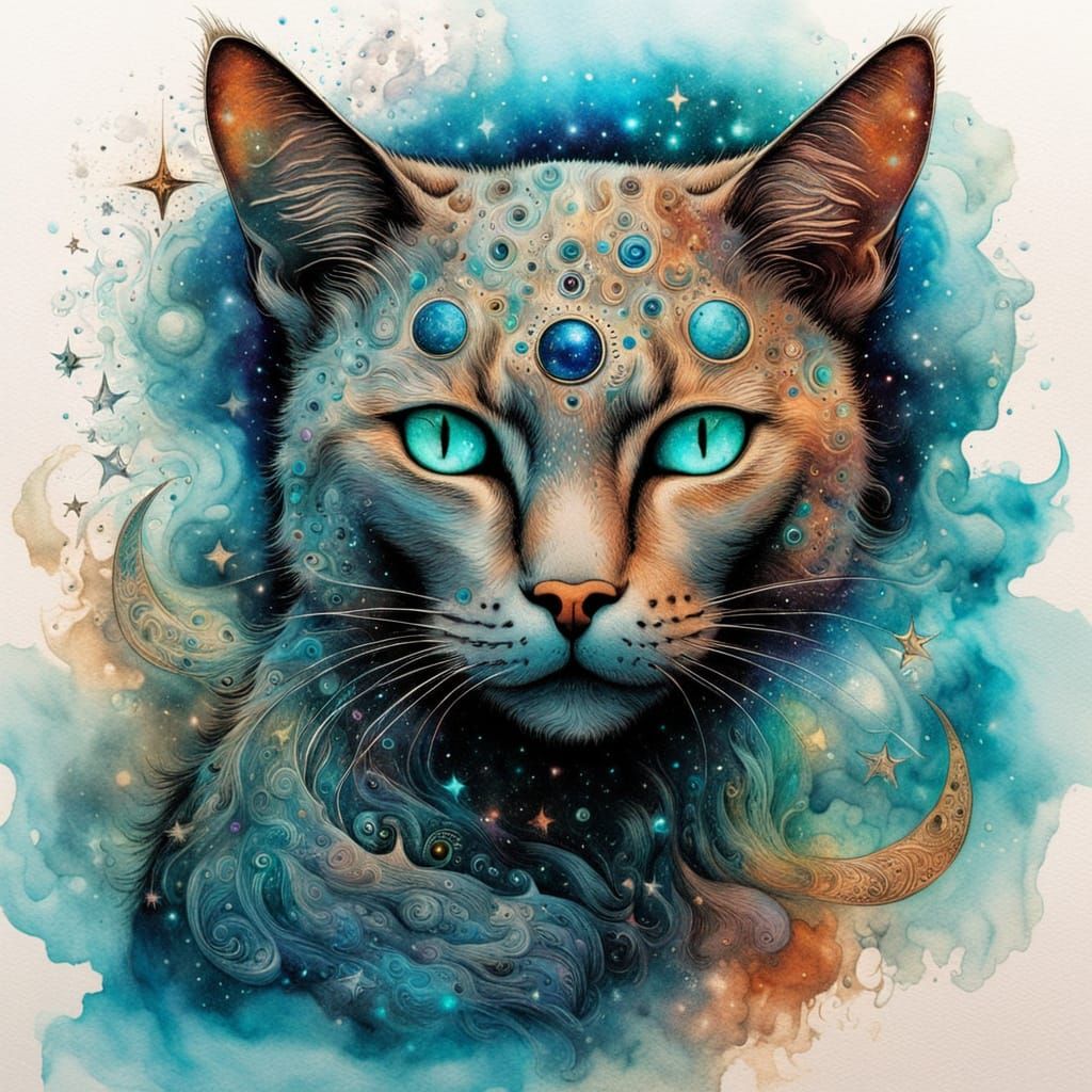 Surreal Cosmic Feline Goddess with Radiant Turquoise Eyes an...