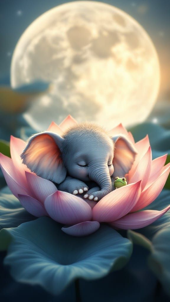 Serene Elephant in Lotus Bloom, Illuminated by Moonlight